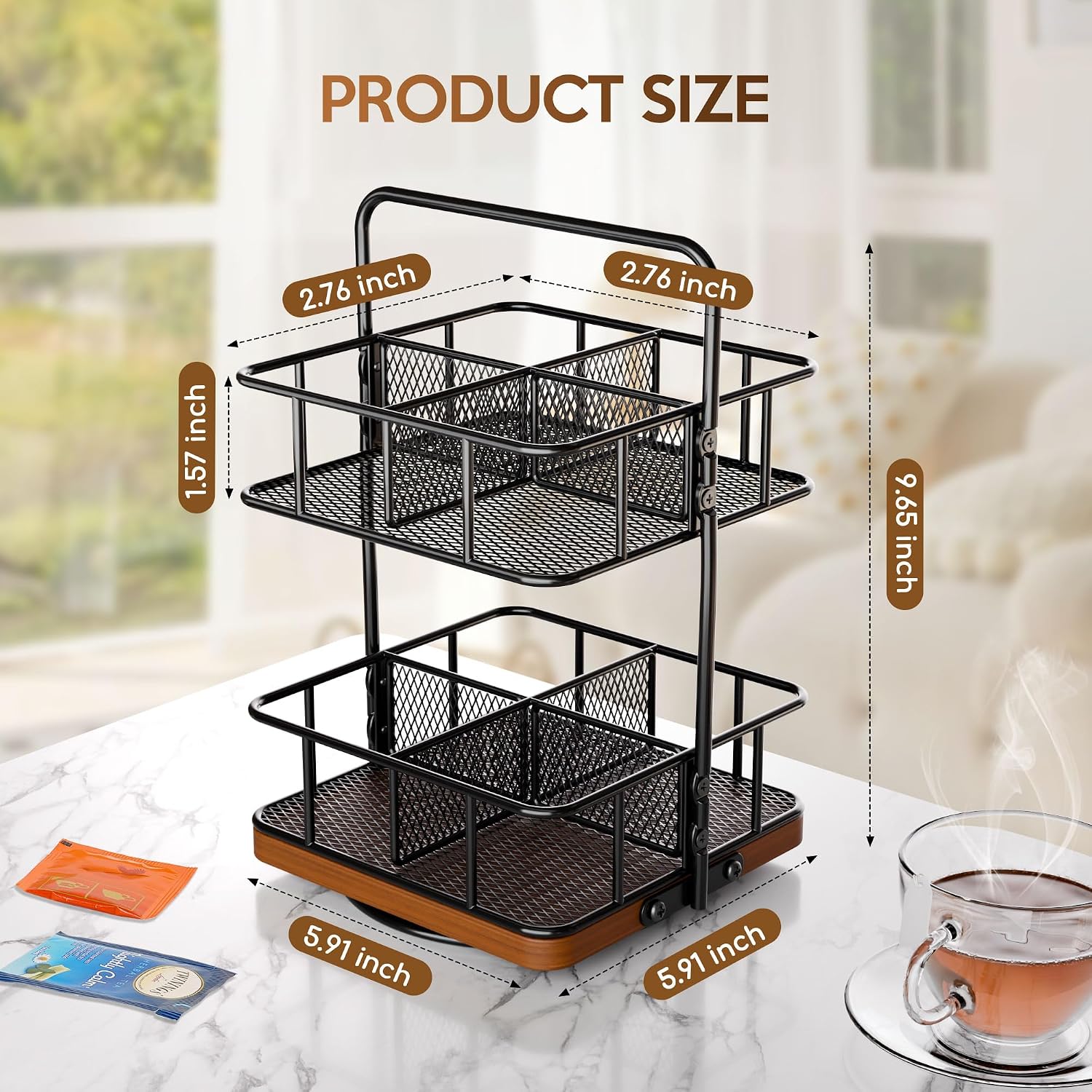 Rotating Tea Bag Organizer – 2 Tier 8 Basket 360° Spinning Teabag Holder Organizer, Acacia Wood Iron Countertop Tea Accessories Rack Holds 100+ Tea Bags, Decorative Kitchen, Coffee Bar Organizer Gift