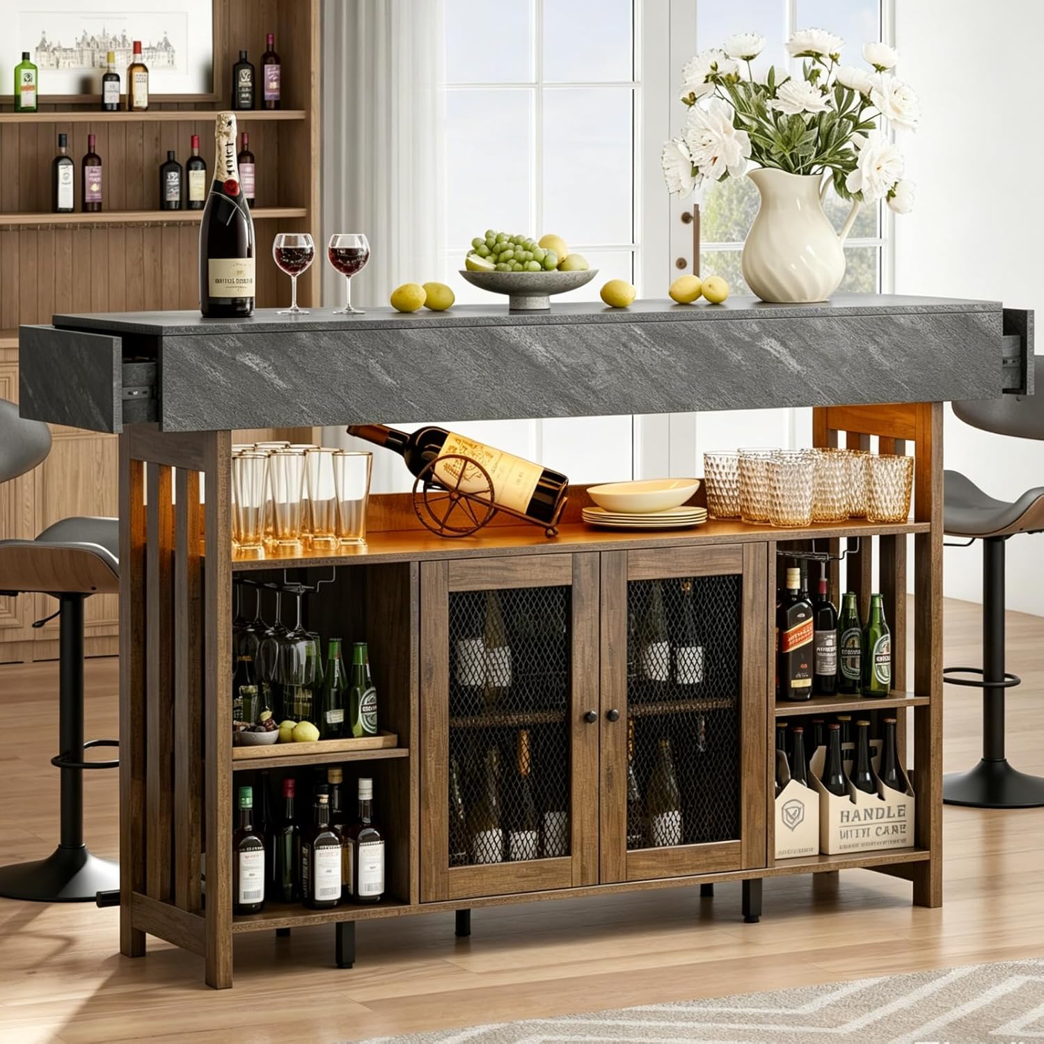 Loomie Bar Table Cabinet with Grey Marble Top & LED Lights & 2 Drawers, Home Bar Unit with Adjustable Shelf & Footrest, 41.3" Counter Height Pub Table, Wine Liquor Bar for Home Pub (Rustic Brown)