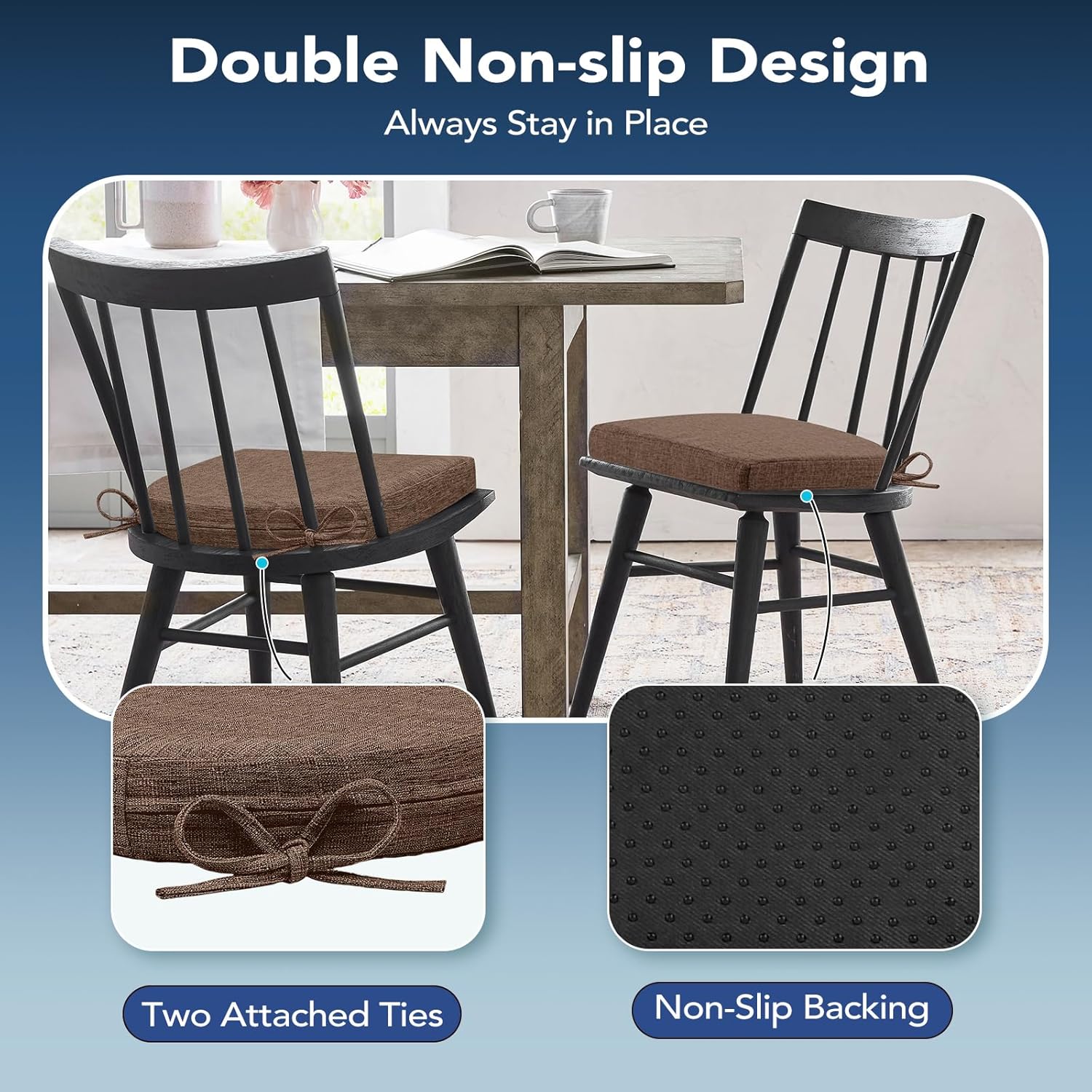 Chair Cushions for Dining Chairs, Non Slip Chair Pads with Ties and Washable Covers, Memory Foam Kitchen Chair Cushions Set of 4, 16"X16"X2.5", Brown