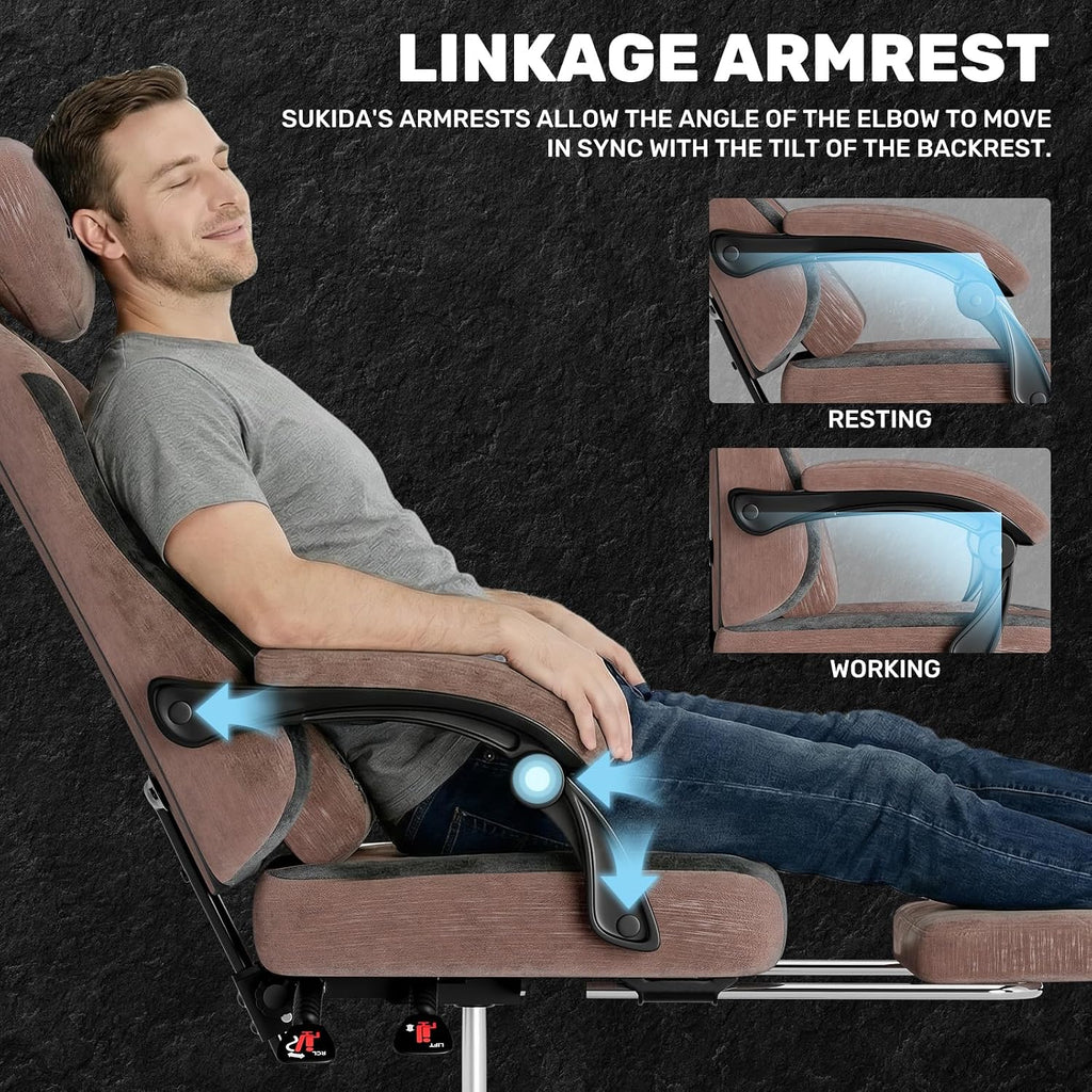SUKIDA Fabric Video Gaming Chair, Ergonomic High-Back Computer Game Chairs with Large Massage Adjustable Lumbar Support, Headrest and Linked Armrests for Long Hours Sitting Task Chair, Brown