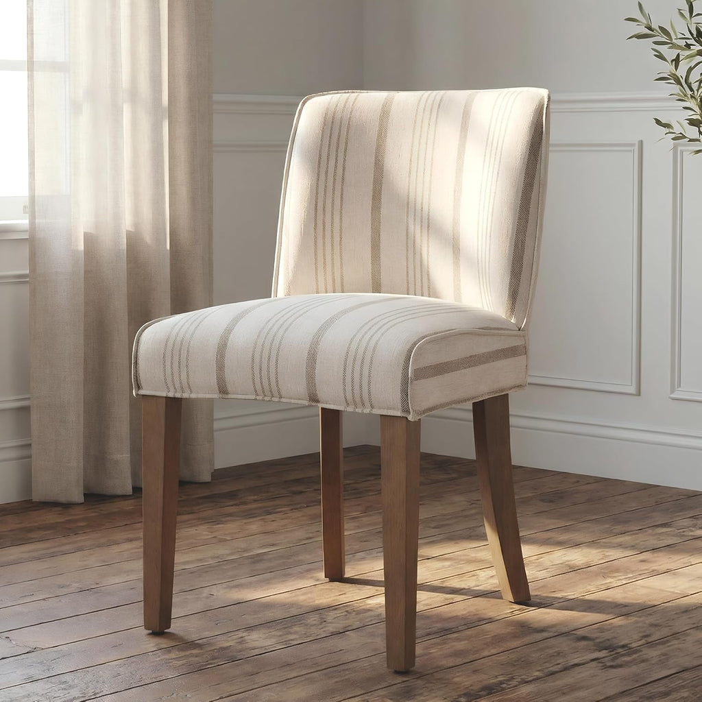 Mid-Century Dining Chairs Set of 4, Linen Fabric Khaki Striped Kitchen Chairs with Walnut Wood Leg Cushioned Back Modern Rustic Side Chairs for Living Room/Kitchen/Dining/Restaurant