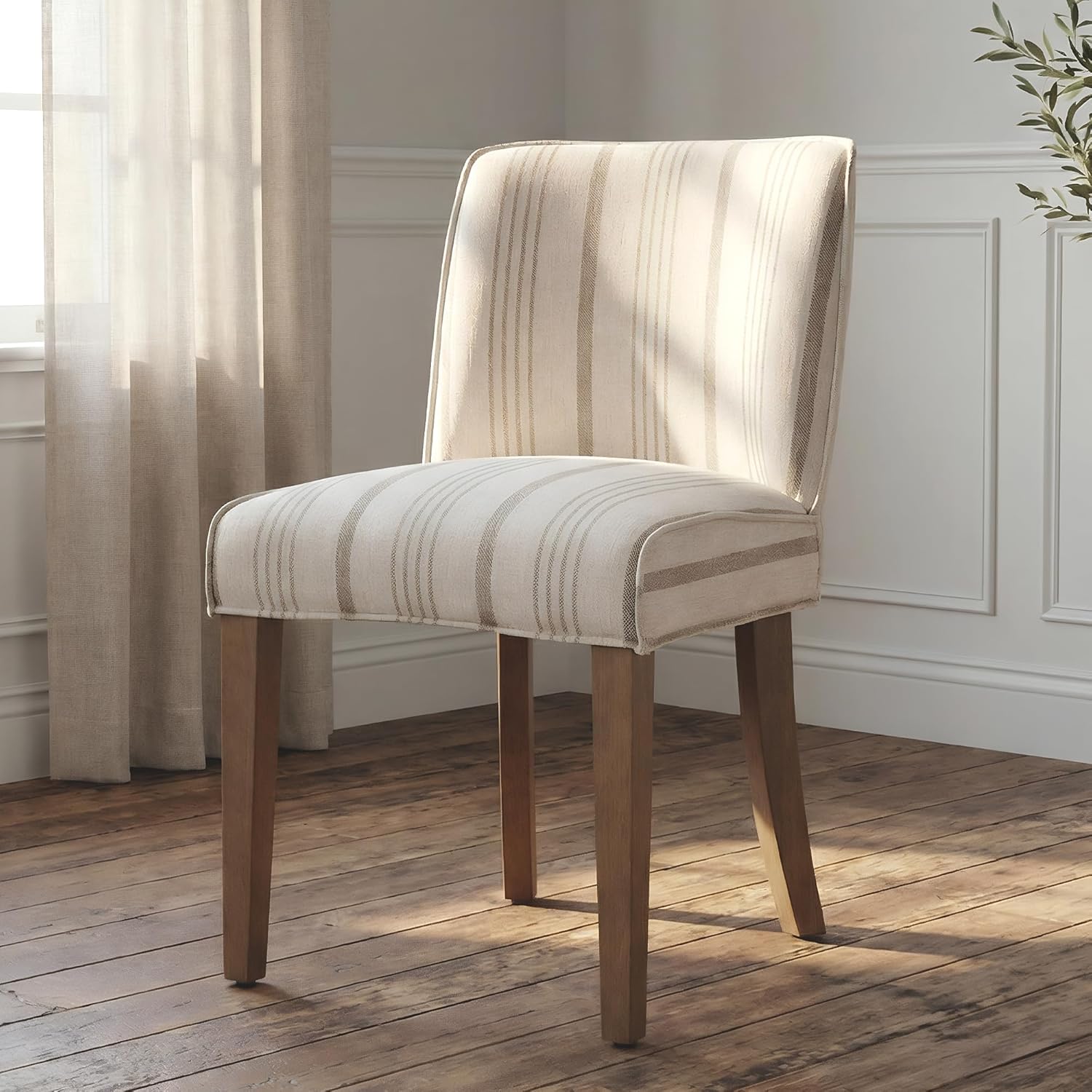 Mid-Century Dining Chairs Set of 4, Linen Fabric Khaki Striped Kitchen Chairs with Walnut Wood Leg Cushioned Back Modern Rustic Side Chairs for Living Room/Kitchen/Dining/Restaurant