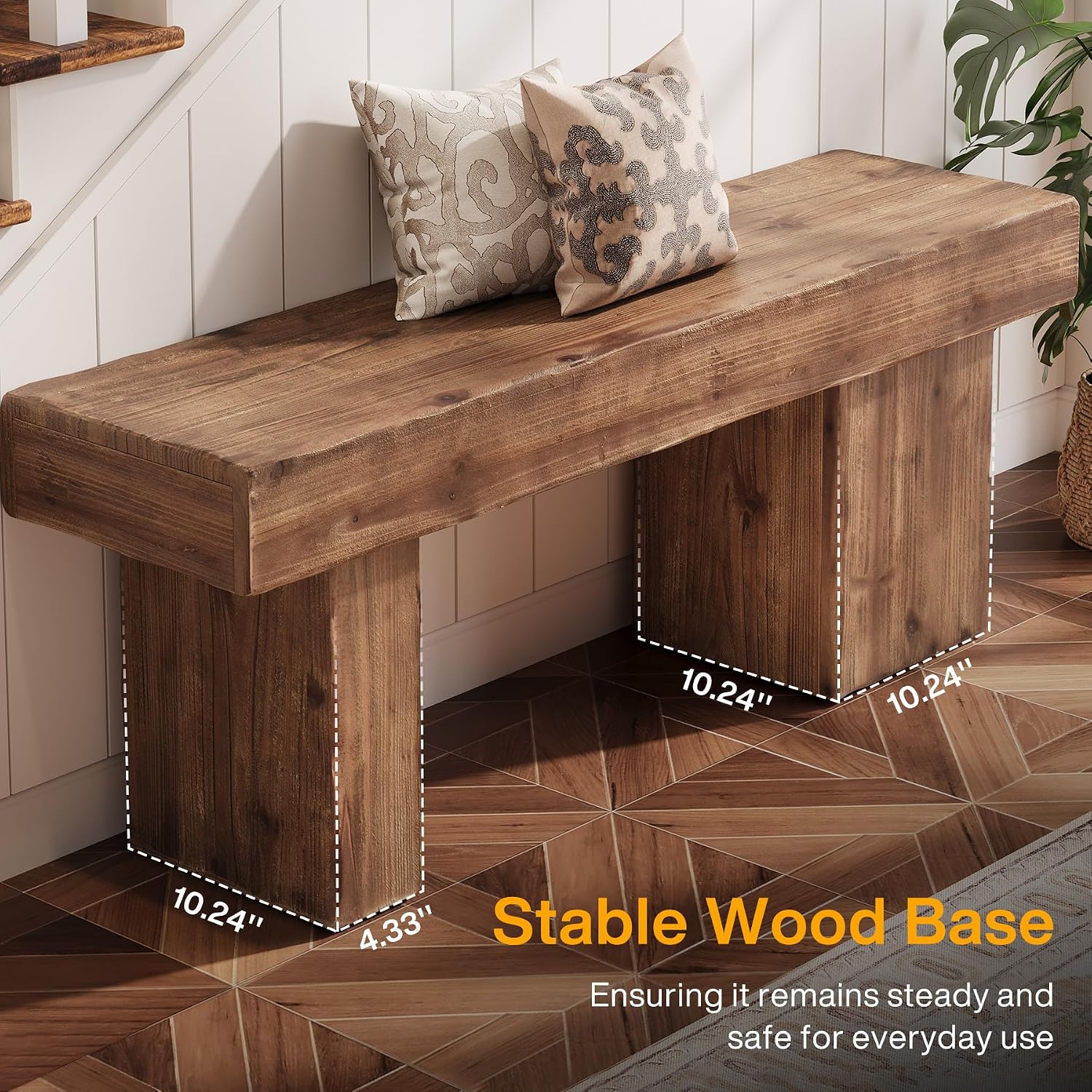 Thickened Solid Wood Bench, 47" Rustic Farmhouse Entryway Bench with Artistic Legs, Heavy Duty Dining Bench for Kitchen, Living Room, Hallway, End of Bed, Natural Wood