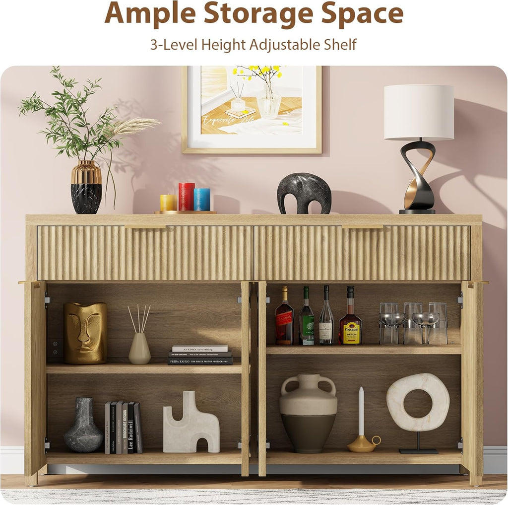 YaFiti Sideboard Buffet Cabinet Fluted Storage Cabinet, 55.1" Large Credenza with Storage & Adjustable Shelves, Modern Accent Cabinet Wood for Dining Room, Living Room, Entryway, Natural Oak