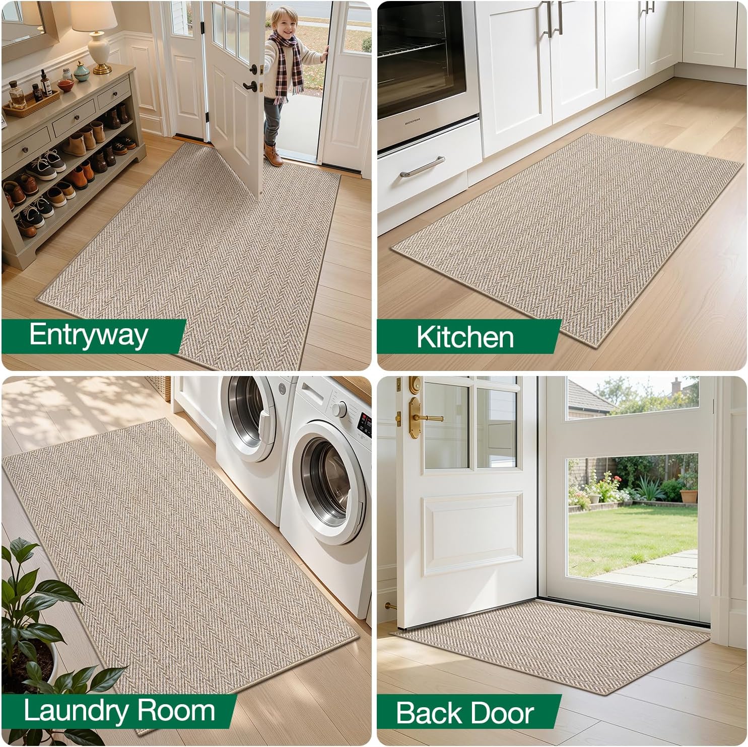 LUMI Ultra Thin Indoor Door Mat for Entrance 24"x36", Non Slip Entryway Mat, Low Profile Doormat, Unique Herringbone Design Carpet for Inside, Patio, Porch, Beige