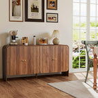 59” Large Buffets Sideboard Cabinet with Storage, Fluted Curved Credenza Buffet Table Storage Cabinet with 4 Doors, Modern Wood Accent Console Table Coffee Bar for Living Room Kitchen Hallway, Walnut