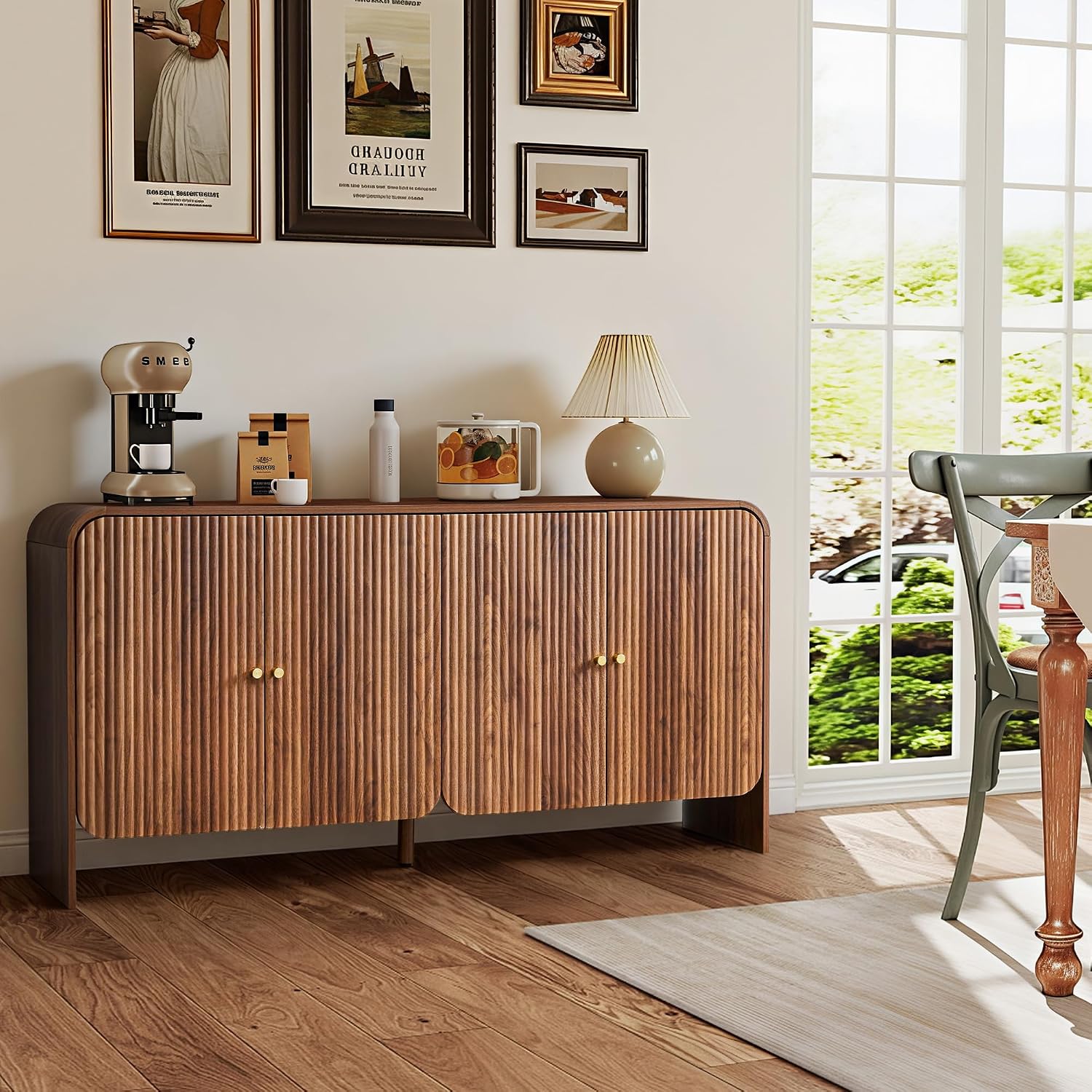59” Large Buffets Sideboard Cabinet with Storage, Fluted Curved Credenza Buffet Table Storage Cabinet with 4 Doors, Modern Wood Accent Console Table Coffee Bar for Living Room Kitchen Hallway, Walnut