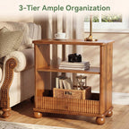 3-Tier Solid Wood End Table with Storage Shelf for Living Room | Farmhouse Rustic Style, 23.6" Rectangular Narrow Compact Side Table Nightstand, Easy Assembly, for Small Space