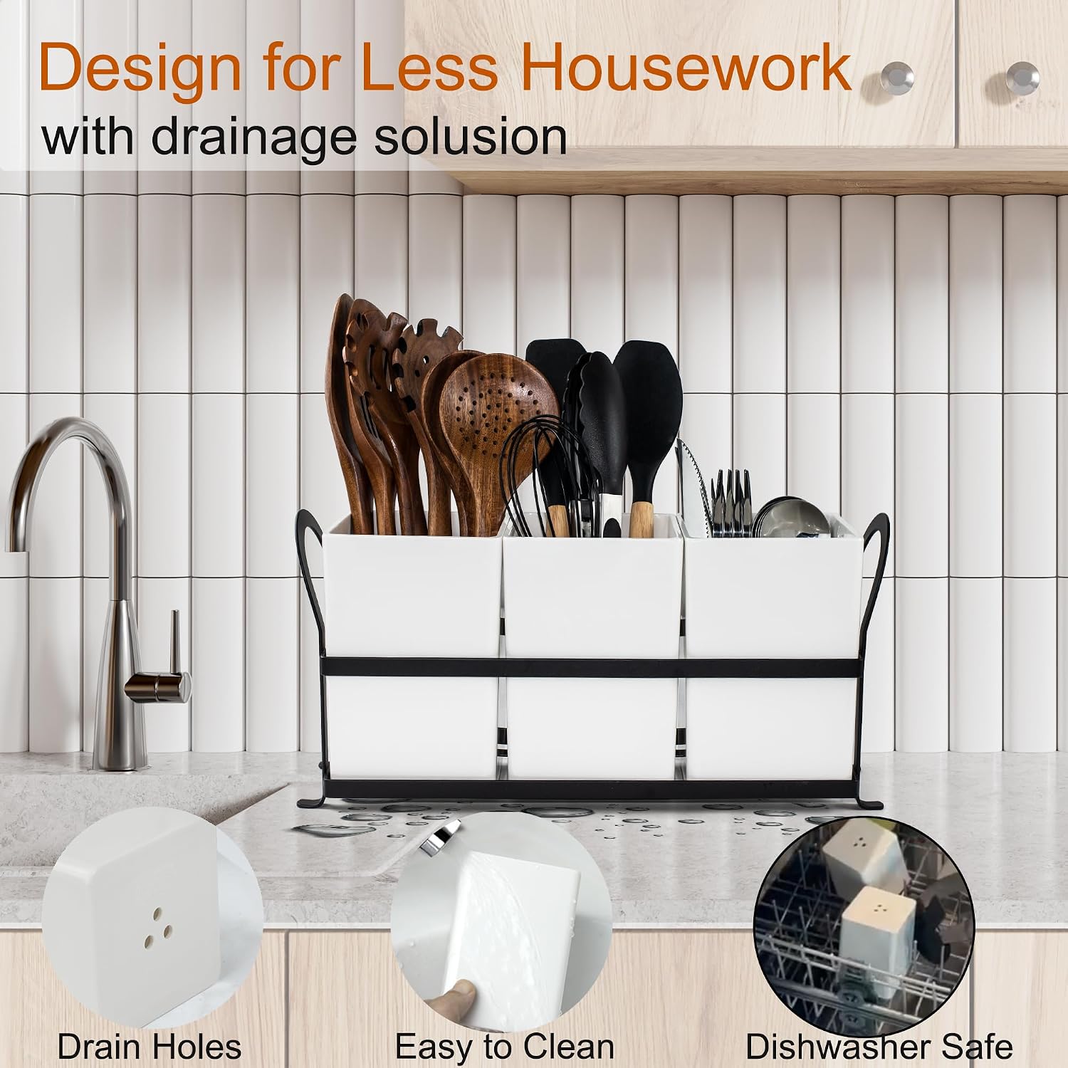 Czlizdyt Large Kitchen Utensil Holder, Drainage Utensil Caddy for Countertop, 3pcs Bins Set Cooking Utensil Organizer for Spoons, Spatulas, White