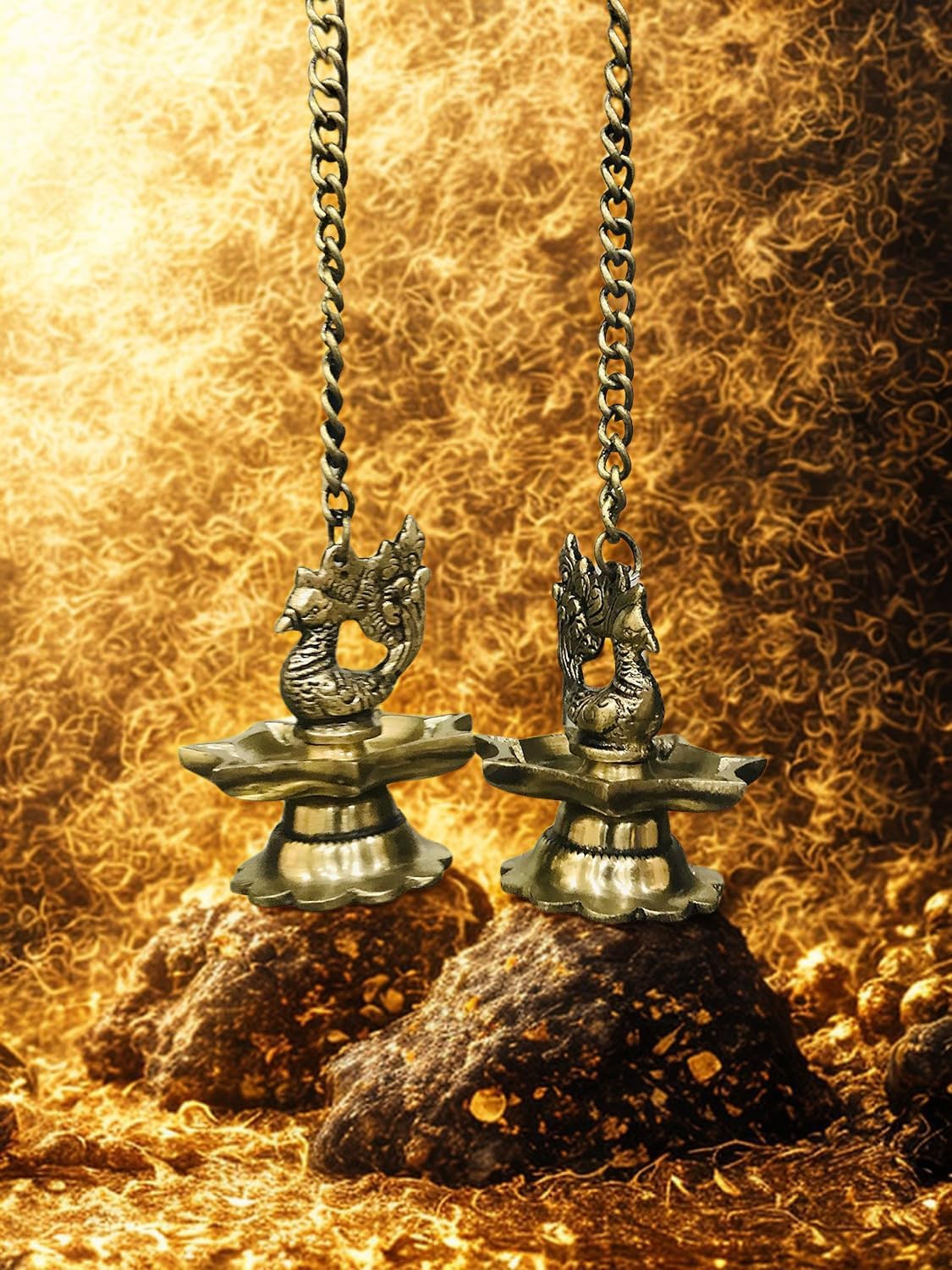 Rasakraft Brass Peacock Carved Hanging Diya Set, Antique Yellow, for Diwali Home Decoration, Pack of 2