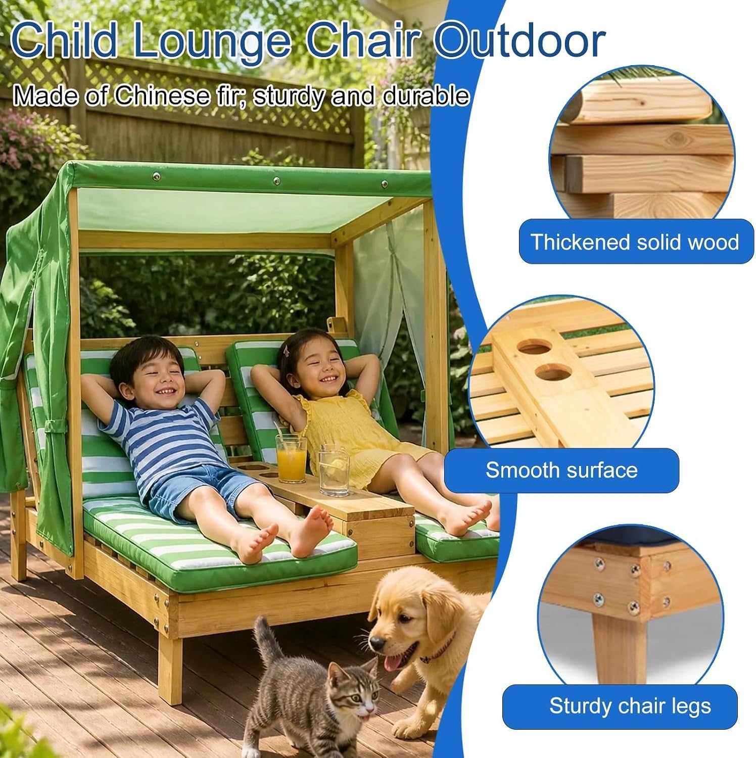 Kids Chaise Lounge Chair Outdoor, Toddler Wood Double Pool Lounger Chairs w/Canopy, Cup Holders, Removable Stripped Fabric Cushions, for Lawn, Pool, Garden, and Yard(Light Blue)
