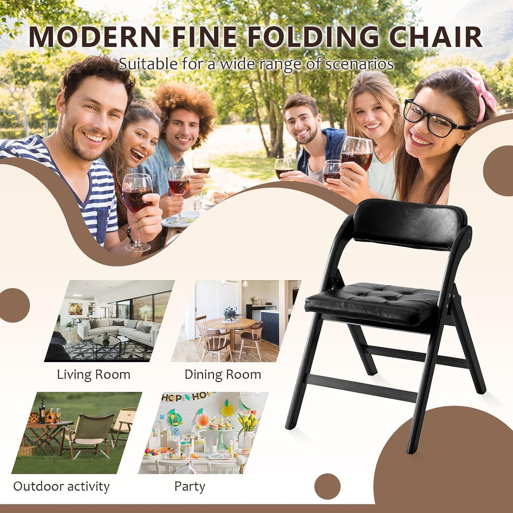 Wood Folding Chairs Set of 2, Upholstered Foldable Dining Chairs with Padded Seat and Backrest, Portable Accent Chairs for Kitchen, Dining Room, Apartment, Office, Guest Seating, Black