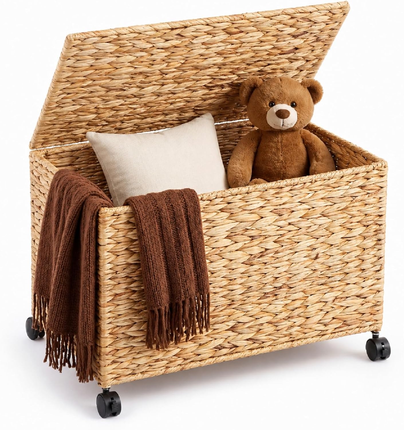 Cinnvoice 17.2 Gallon(65 L) 22×13×14 in Wicker Storage Trunk with Wheels & Lid Heavy Duty Rolling Storage Bench Large Toy Chest Water Hyacinth Woven Blanket Bin for Bedroom, Laundry Room, Natural