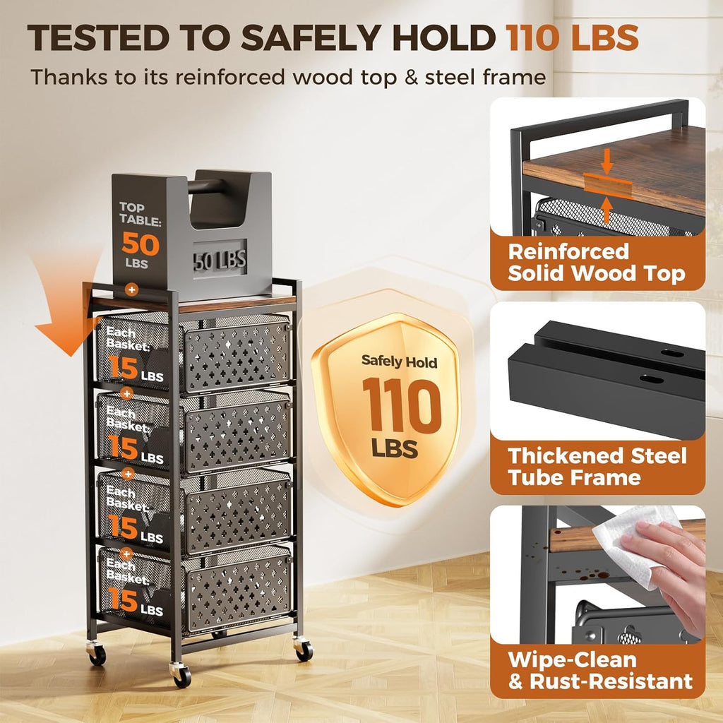 5 Tier Kitchen Storage Cart with Wheels, Utility Fruit Vegetable Storage Rack Stand with Pull-Out Baskets & Wood Top, Metal 4-Drawers Rolling Snack Cart, Kitchen Cart for Potato Onion(Black)