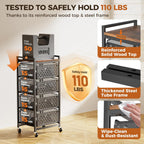 5 Tier Kitchen Storage Cart with Wheels, Utility Fruit Vegetable Storage Rack Stand with Pull-Out Baskets & Wood Top, Metal 4-Drawers Rolling Snack Cart, Kitchen Cart for Potato Onion(Black)