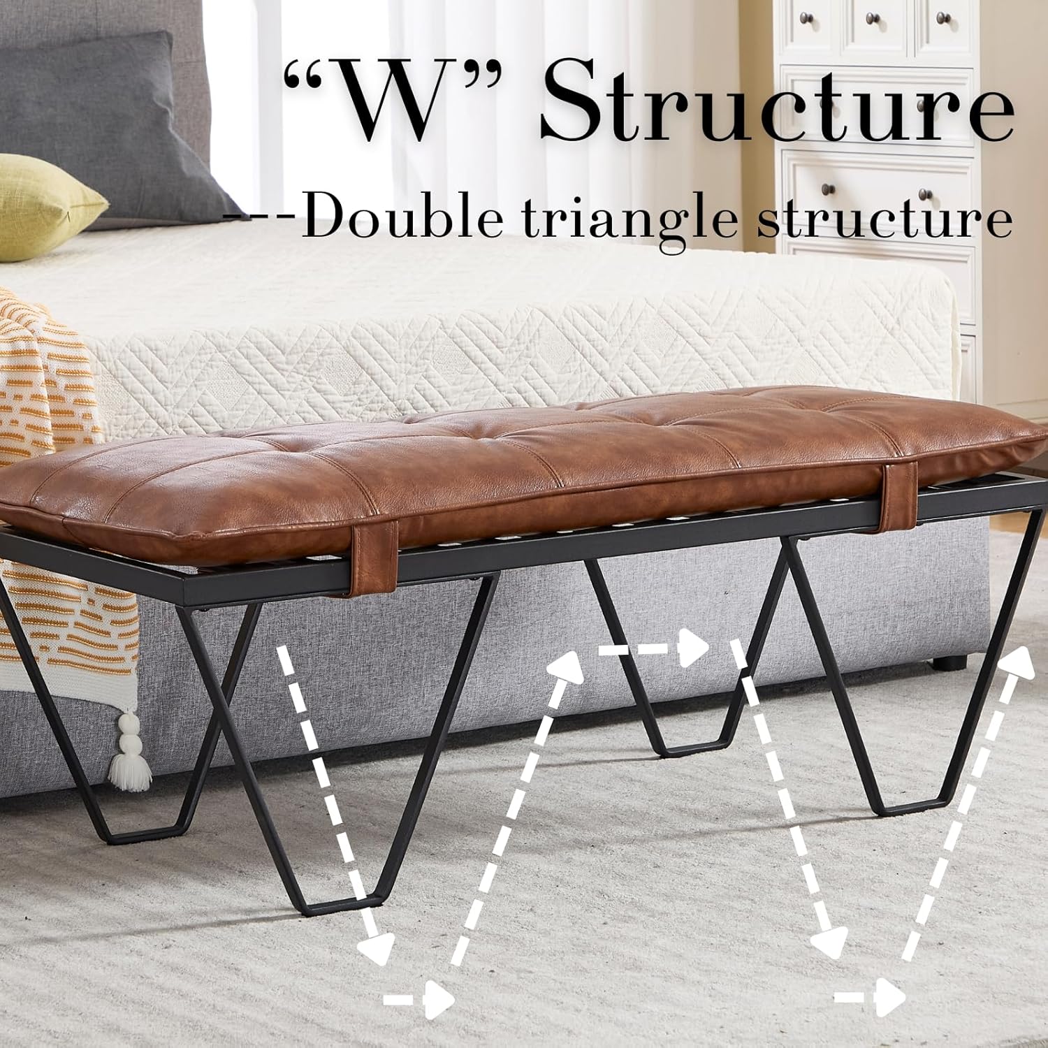 RIVOVA Modern Removable Tufted Upholstered Entryway Bench, 48-Inch Contemporary Indoor Ottoman Bench with Slatted Metal Frame, Brown Leather Bench for Bedroom End of Bed, Dining, Hallway, Living Room