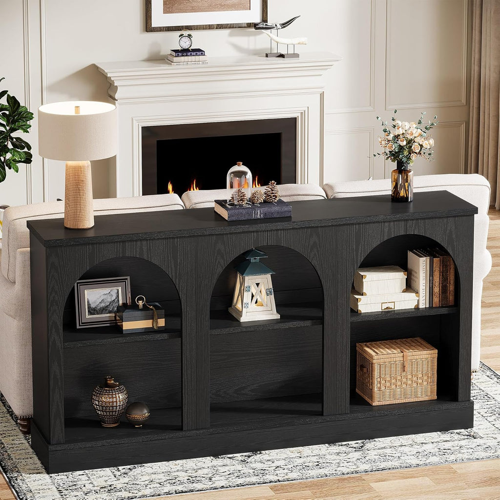Tribesigns Farmhouse Console Table, 63-Inch Long Entryway Table with 3 Tier Storage, Wooden Rectangular Sofa Table Behind The Couch for Entrance, Hallway, Living Room, Black