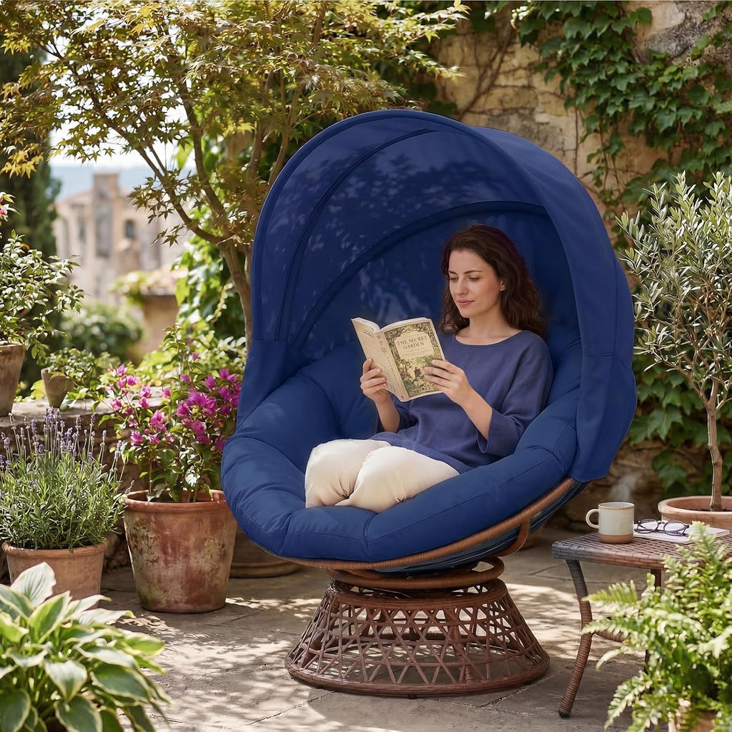 GTPLAYER Outdoor Wicker Egg Chair PE Rattan Chair with Cushion, Oversized Patio Lounge Chair with Canopy Papasan Chair 360° Swivel Base for Outdoor, Indoor, Balcony, Backyard, Garden, Blue