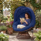 GTPLAYER Outdoor Wicker Egg Chair PE Rattan Chair with Cushion, Oversized Patio Lounge Chair with Canopy Papasan Chair 360° Swivel Base for Outdoor, Indoor, Balcony, Backyard, Garden, Blue
