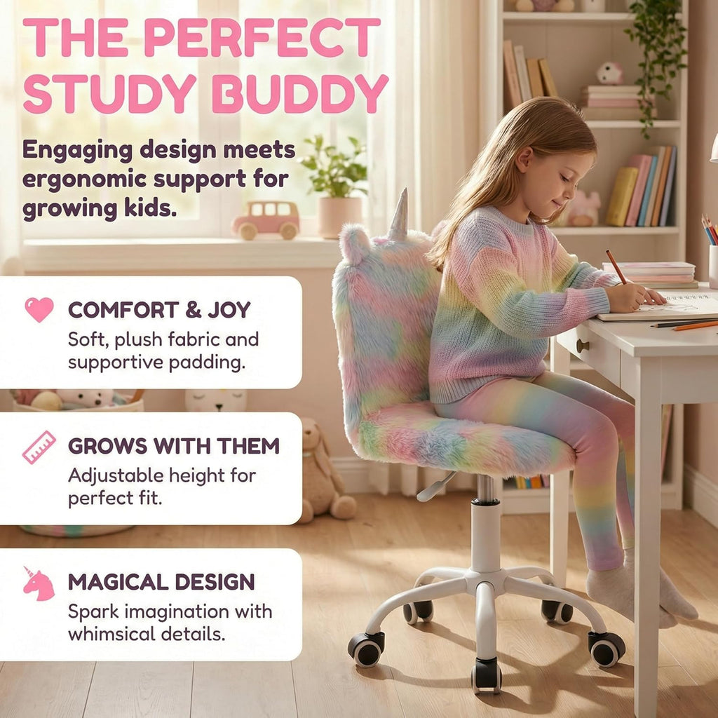Cute Fuzzy Kids Chair Funny Rolling Study Desk Chair Colorful Girls Vanity Swivel Chair with White Foot