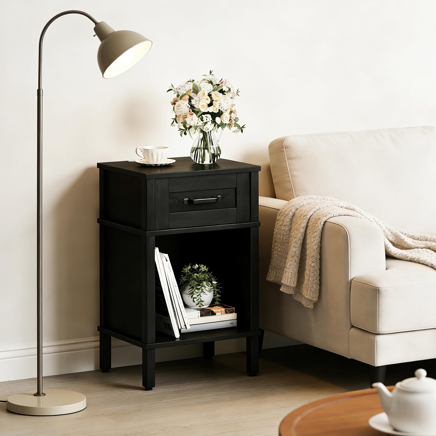 Black Nightstand with Drawers,Small Night Stand,Black Bedside Table | Morden Nightstand,Black Wood Nightstand,Bedside Table with Drawers,Farmhouse End Table,Black Side Tables Bedroom LET512B