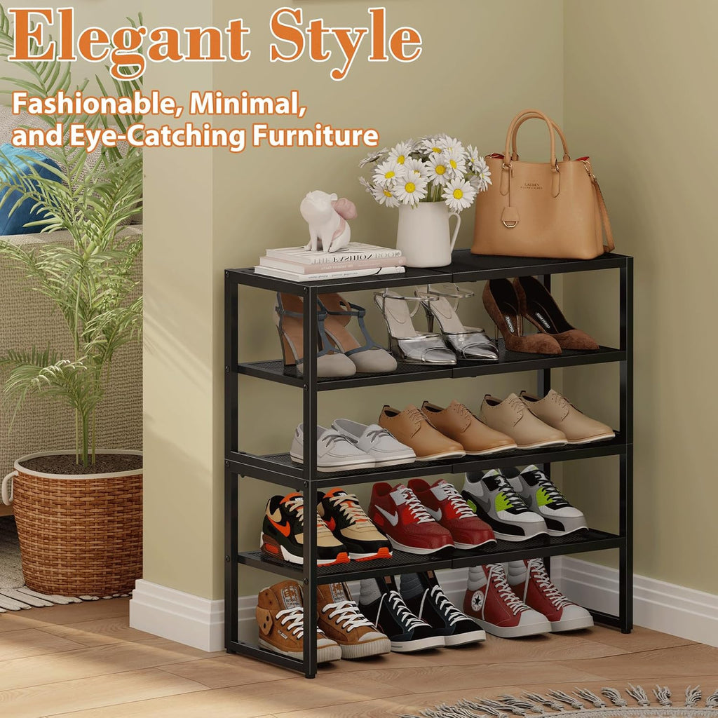 2 Tier Shoe Rack Organizer for Closet and Entryway, Expandable & Stackable Metal Shoe Storage Shelf, Adjustable Small Shoe Rack (17.52-28.74 in), Black