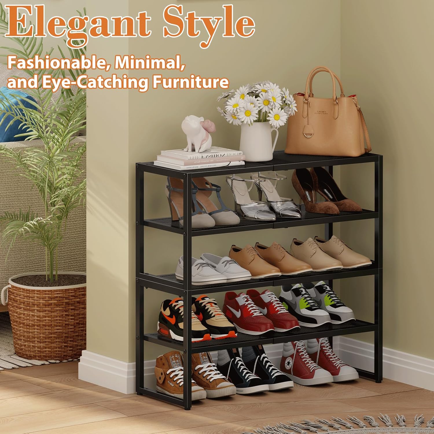 2 Tier Shoe Rack Organizer for Closet and Entryway, Expandable & Stackable Metal Shoe Storage Shelf, Adjustable Small Shoe Rack (17.52-28.74 in), Black