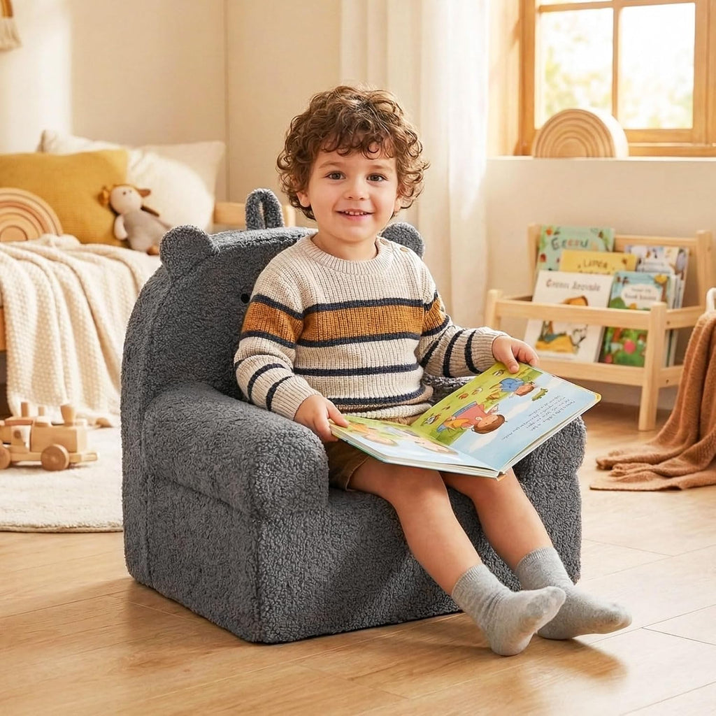 Costzon Kids Sofa, Comfy Bear Toddler Foam Couch with Soft Fleece Fabric Cover, Kids Furniture for Playroom, Children Reading Armchair for Boys & Girls Aged 3+ (["Teddy Fleece],Grey)