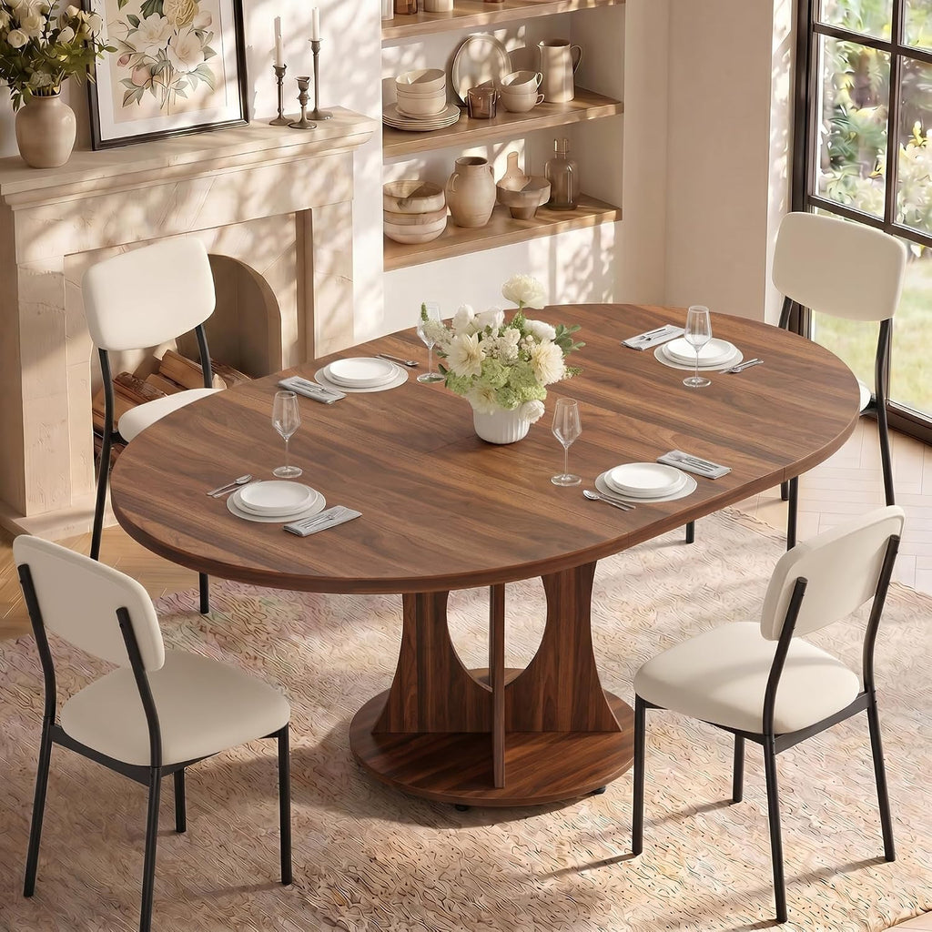 iPormis 43-59" Round Dining Table Set for 4, 5-Piece Kitchen Table & Chairs Set for 4, Extendable Dining Room Circle Table with 4 Upholstered Chairs for Small Space, Walnut Table + 4 White Chairs