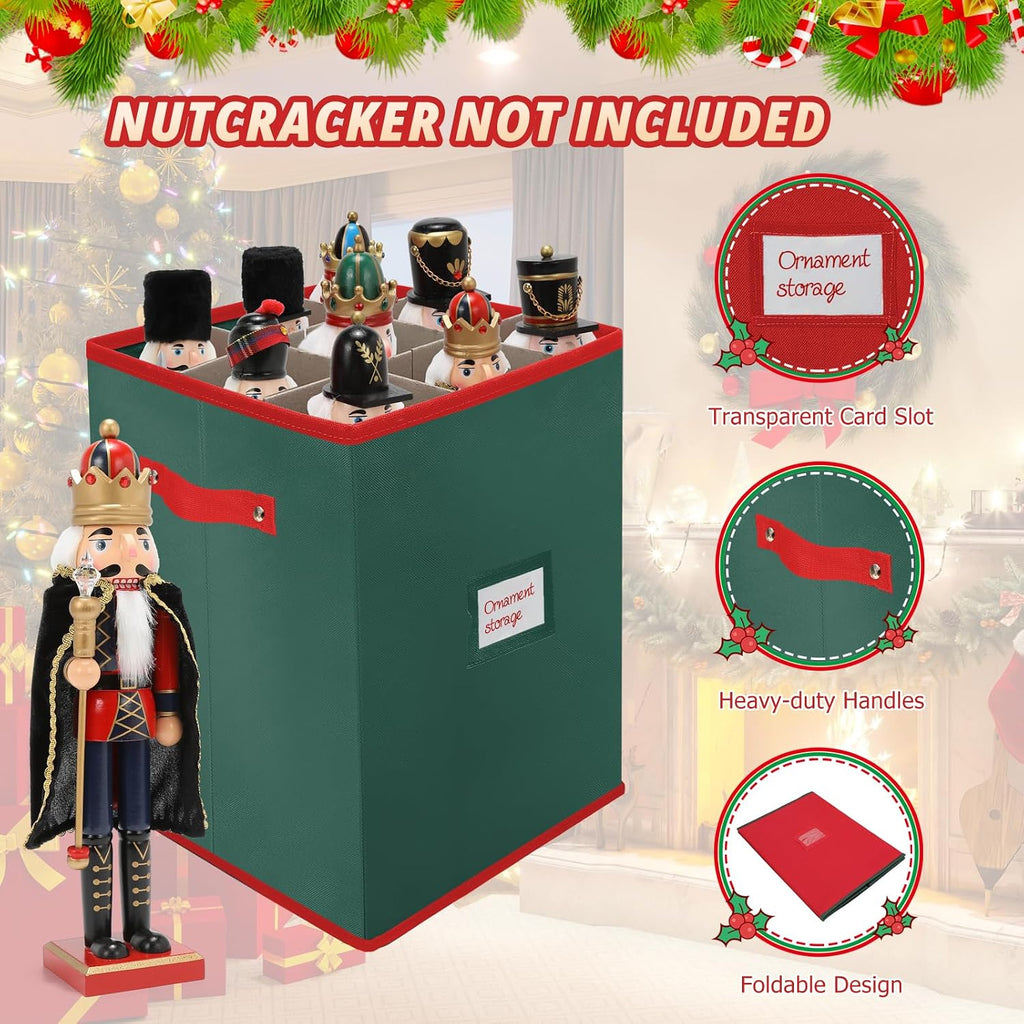 Christmas Nutcracker and Figurine Storage Box, Keeps 9 16" Tall Holiday Nutcrackers, Figurines, and More -Xmas Decor Collectible Organizer with Adjustable Dividers, 600D Oxford Fabric Tear-Proof