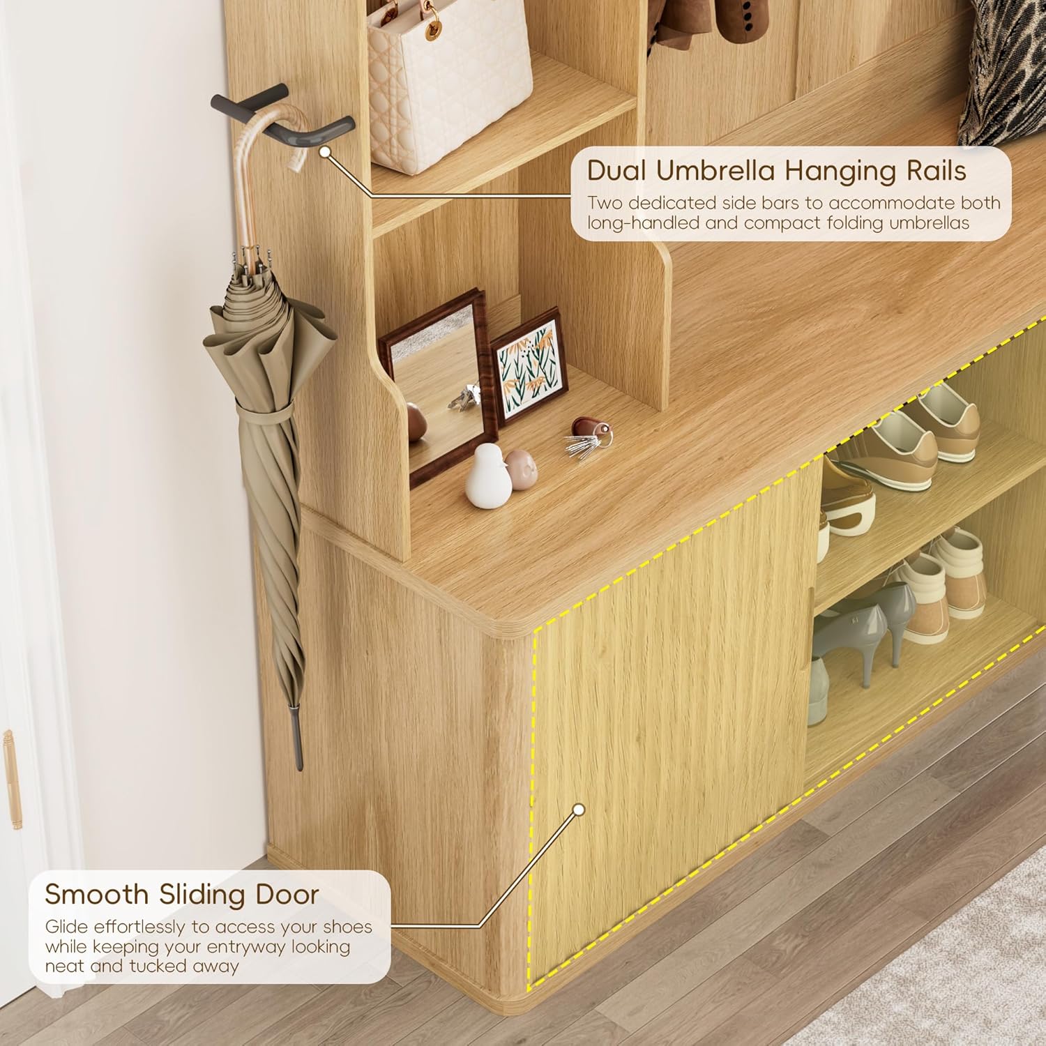 77"H 59"W Hall Tree with Bench and Shoe Storage, Entryway Bench with Coat Rack & 12 Hooks, Smart RGB LED Lighting, Side Umbrella Rails, Large Mudroom Furniture w/Sliding Doors & Rounded Corners, Oak