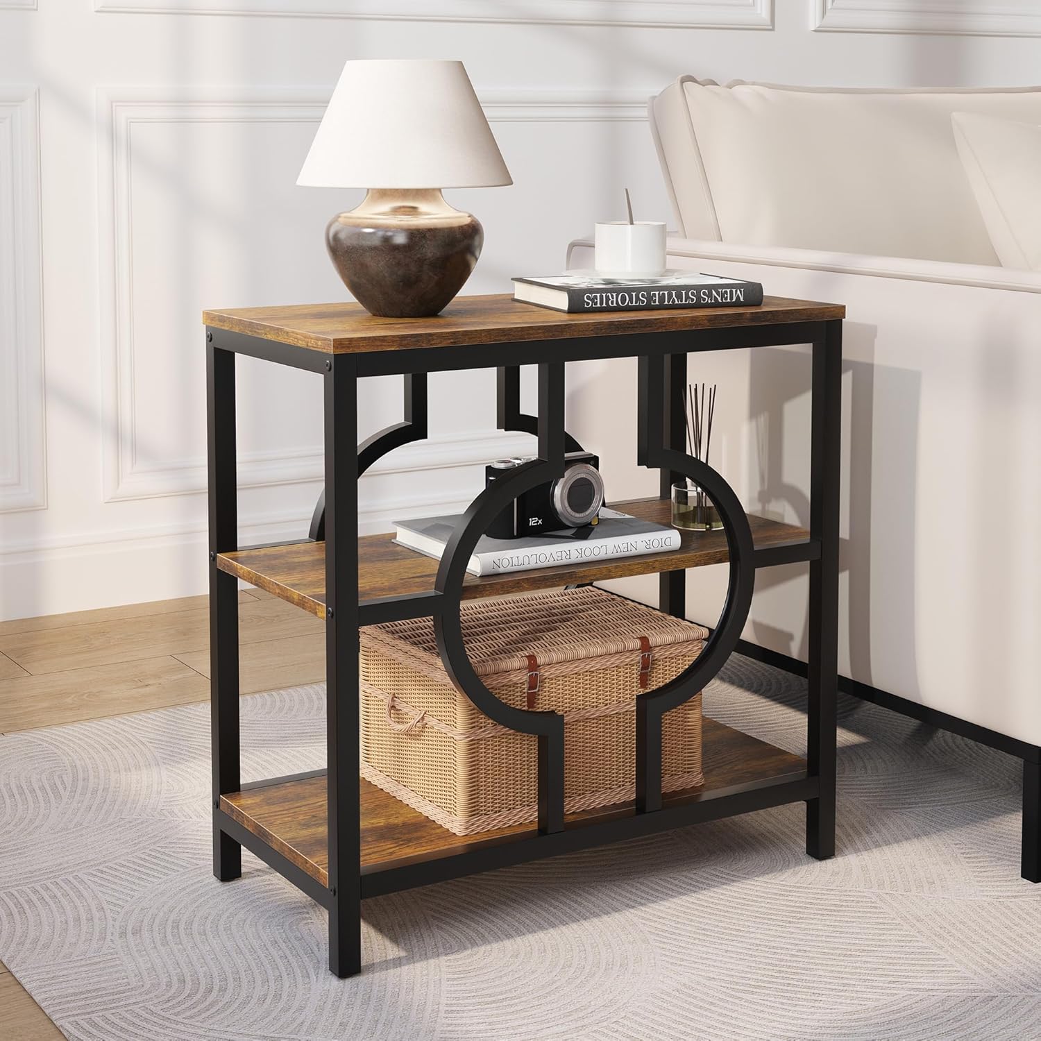 End Table Set of 2, Narrow Side Table with 3-Tier Storage Shelves, Wood Sofa Side Table with Geometric Metal Frame for Living Room, Industrial Bedside Nightstand for Bedroom (Brown)
