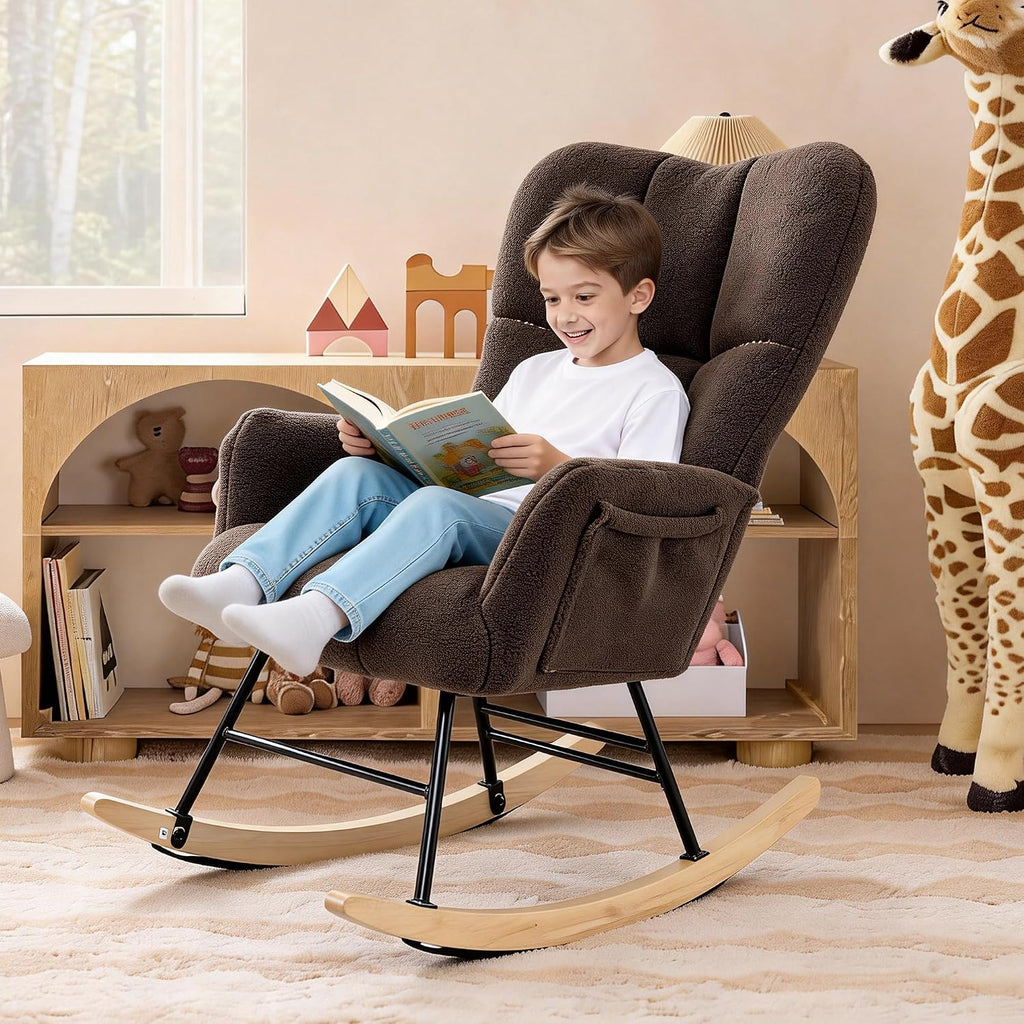 KEEZY Nursery Rocking Chair with Footrest,Teddy Upholstered Glider Rocker Rocking Accent Chair Padded Seat with High Backrest Armchair Comfy Side Chair for Living Room Bedroom (Teddy)