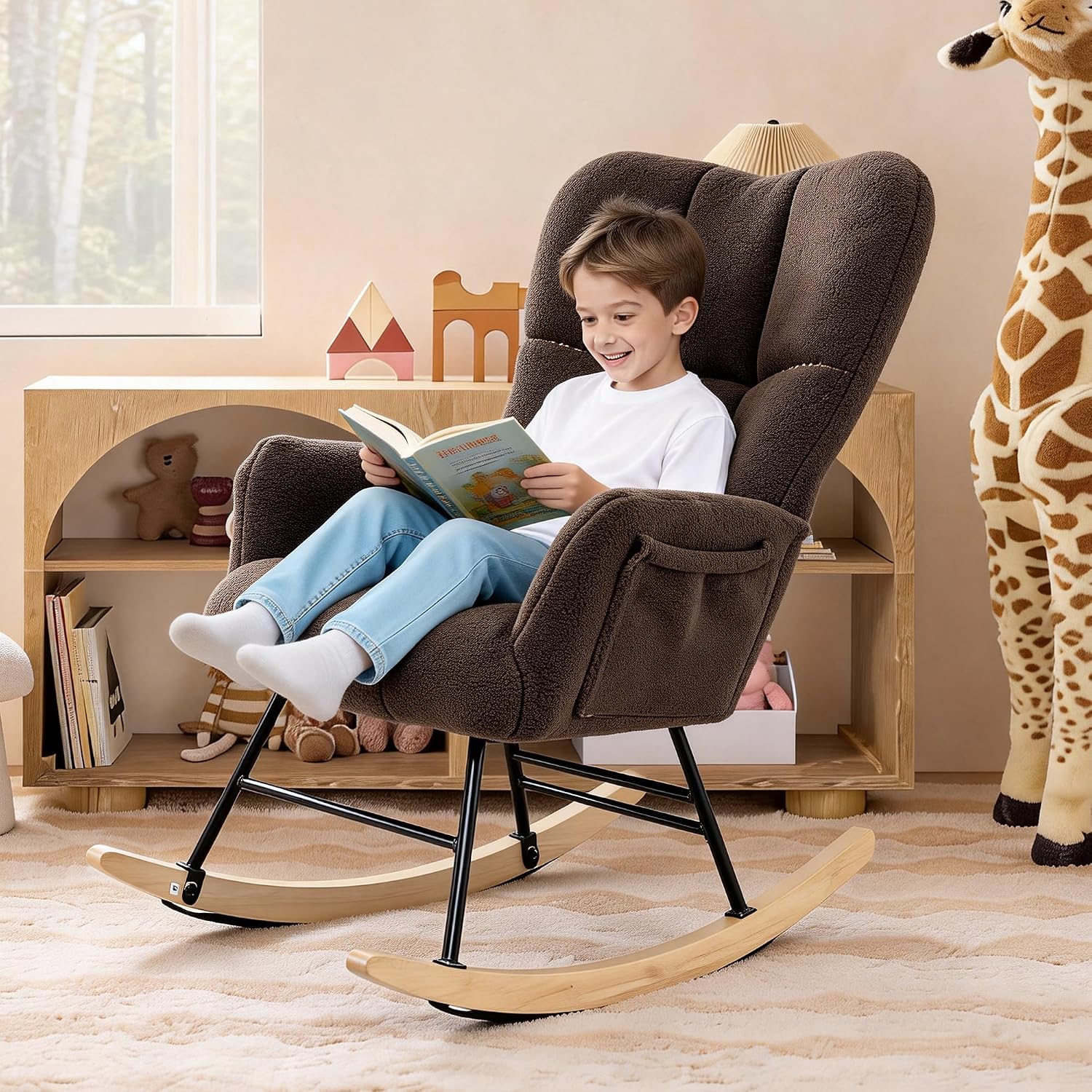KEEZY Nursery Rocking Chair with Footrest,Teddy Upholstered Glider Rocker Rocking Accent Chair Padded Seat with High Backrest Armchair Comfy Side Chair for Living Room Bedroom (Teddy)