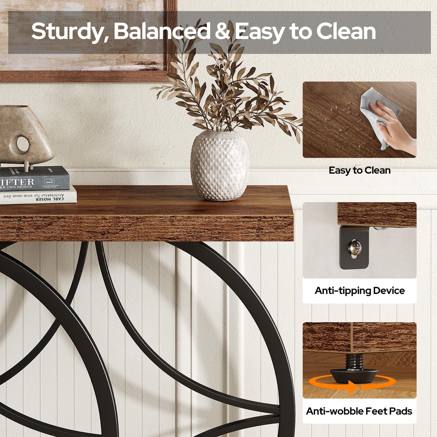 knoworld 39.4" Console Table, Industrial Entryway Table with Anti-Tilt Design, Narrow Wood Accent Sofa Table Behind Couch with Double Circle Base for Entryway, Living Room, Hallway, Foyer