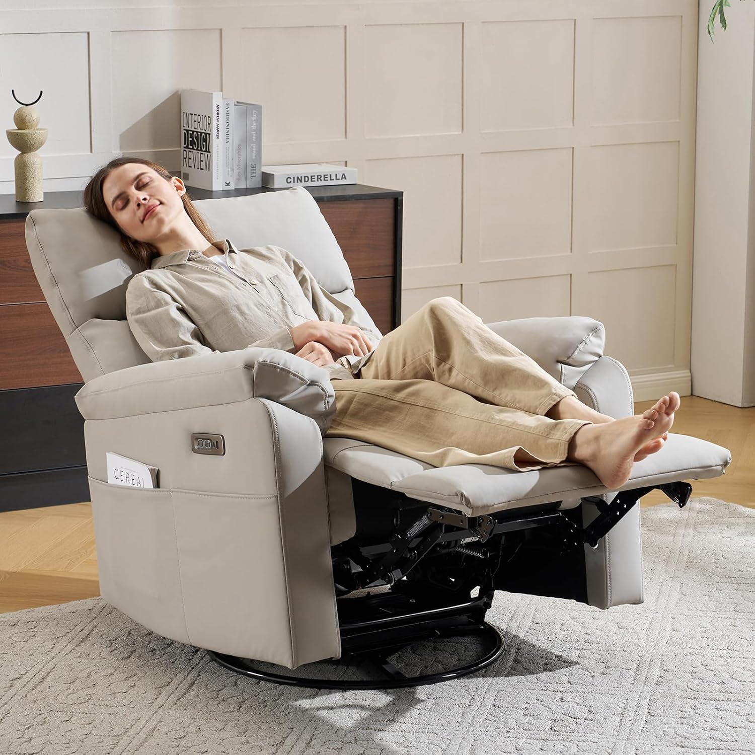 Power Rocking Chair Nursery with Adjustable Lumbar Support,Swivel Rocker Recliner with Overstuffed Armrests, Nursery Glider Recliner for Bedroom & Livingroom, USB & Type-C, Faux Leather Grey