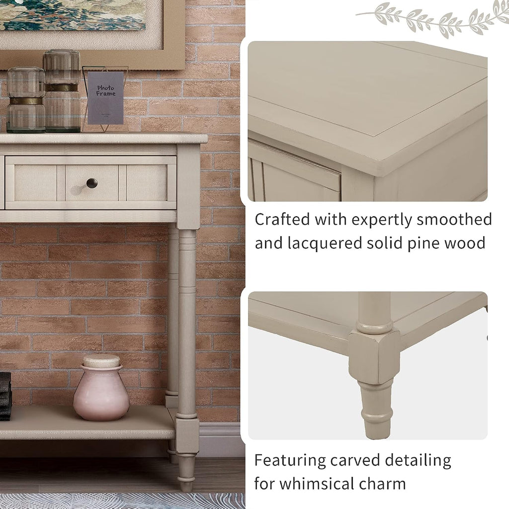 GDFStudio Daisy Series Console Table, Retro Grey Solid Pine Wood Frame with Two Storage Drawers and Bottom Shelf, Traditional Vintage Accent Furniture for Entryway, Living Room, or Dining Room