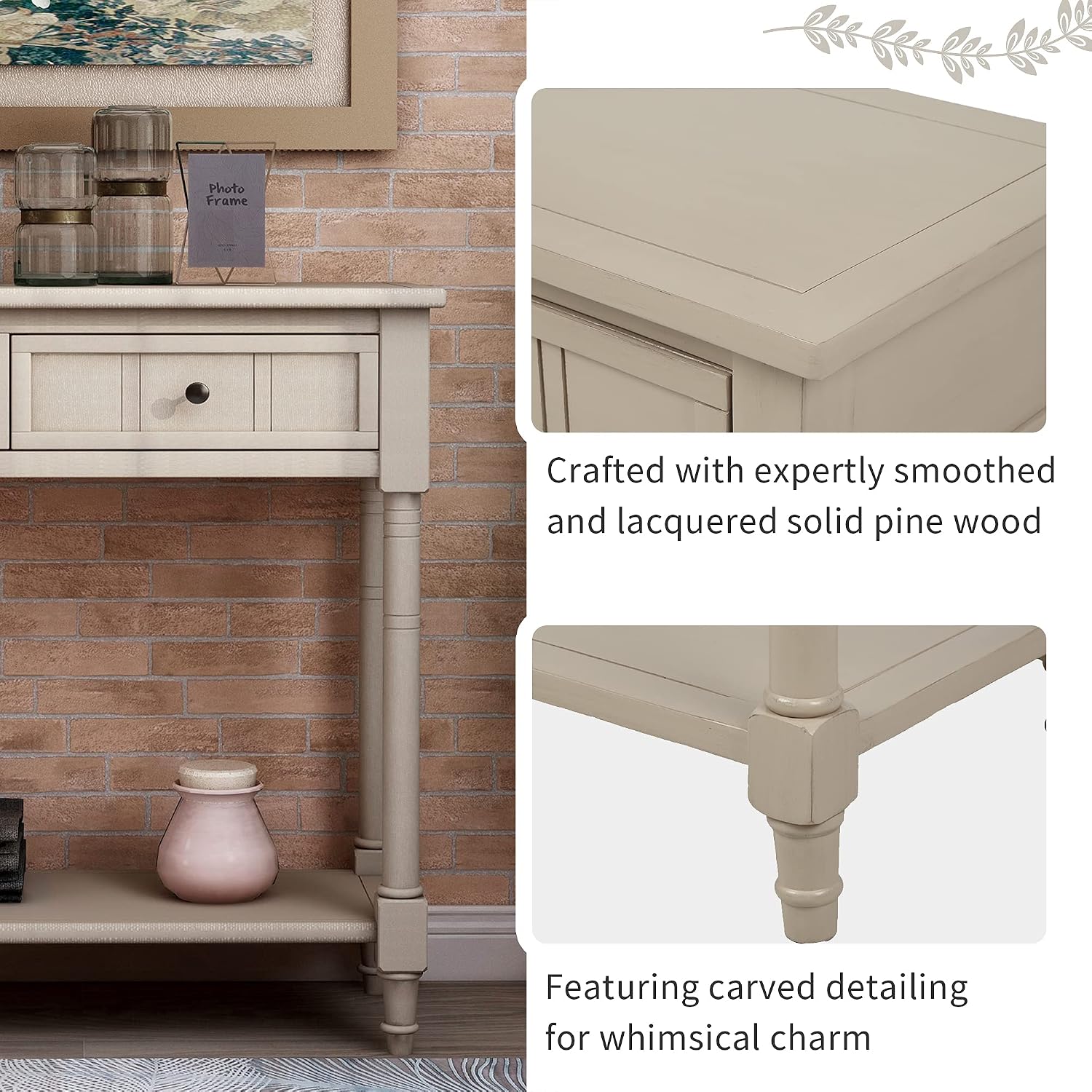GDFStudio Daisy Series Console Table, Retro Grey Solid Pine Wood Frame with Two Storage Drawers and Bottom Shelf, Traditional Vintage Accent Furniture for Entryway, Living Room, or Dining Room