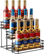 Nuovoware Coffee Syrup Organizer, 3-Tier 12 Bottles Bar Organizer, Separable Metal Rack with Wooden Base Whiskey Wine Dressing for Countertop Kitchen Coffee Bar, Black