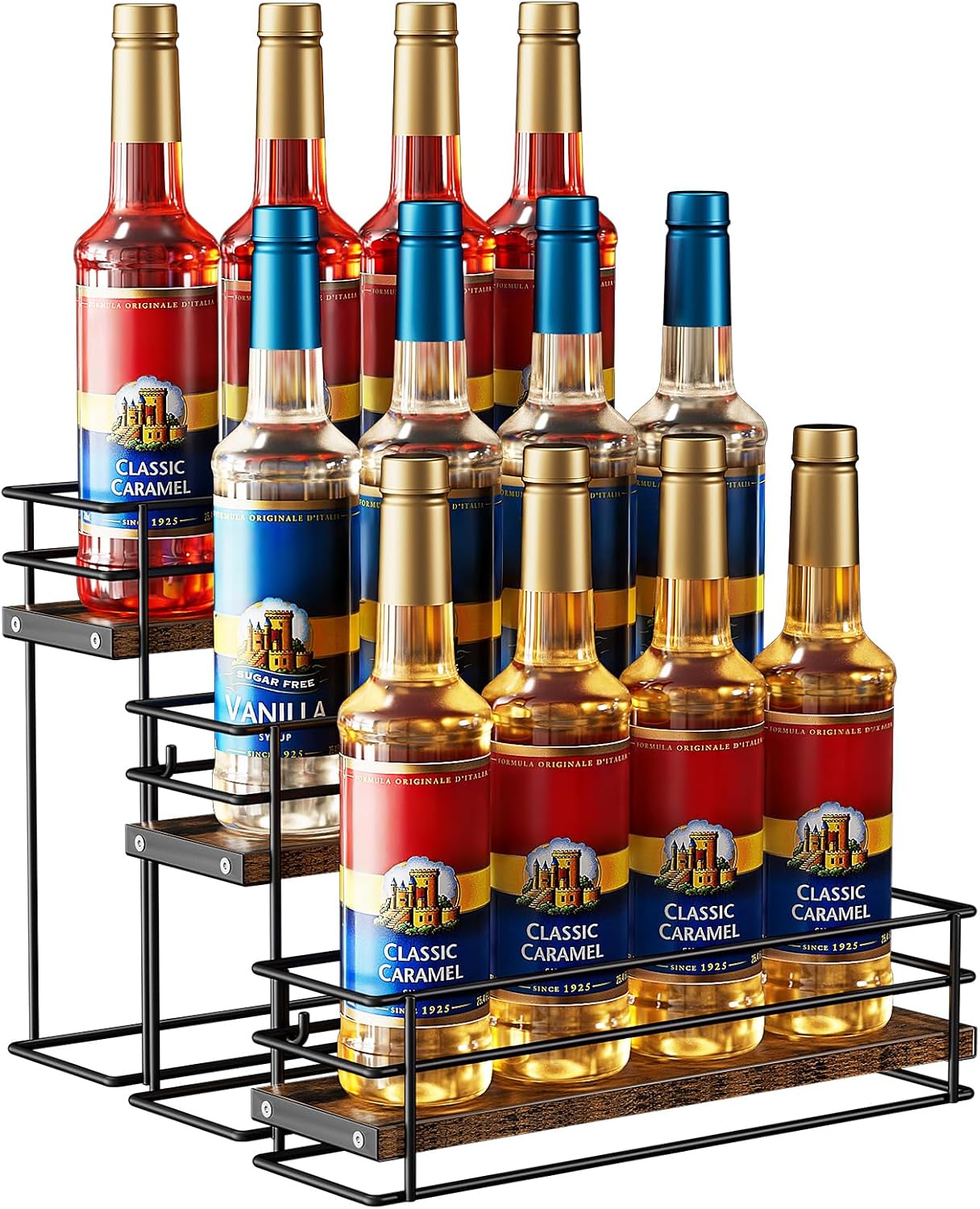 Nuovoware Coffee Syrup Organizer, 3-Tier 12 Bottles Bar Organizer, Separable Metal Rack with Wooden Base Whiskey Wine Dressing for Countertop Kitchen Coffee Bar, Black