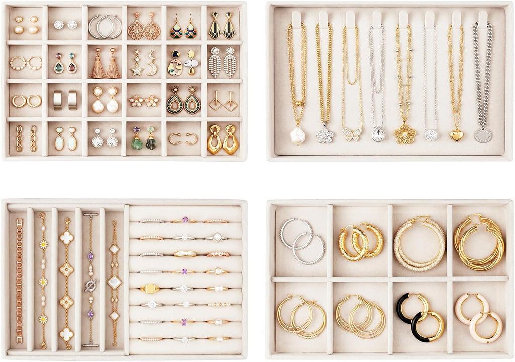 Jewelry Organizer for Drawer, Velvet Jewelry Drawer Organizer Inserts, 4-Layer Beige Stackable Jewelry Trays for Rings Earrings Necklaces Bracelets with Removable Dividers for Dresser Vanity