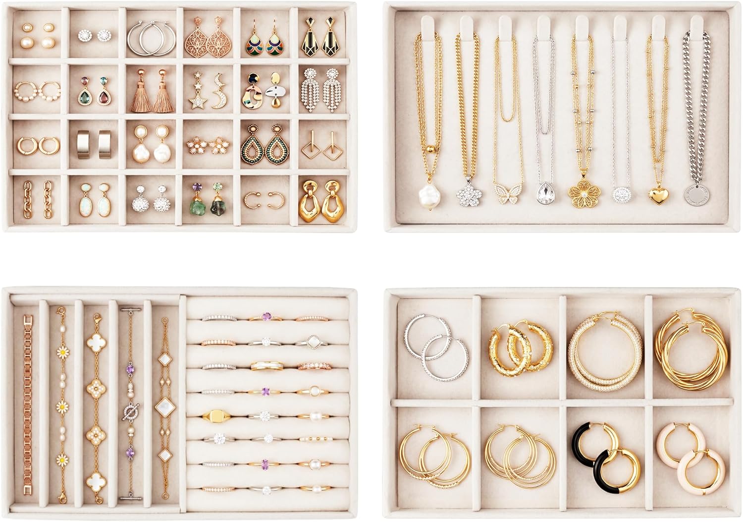 Jewelry Organizer for Drawer, Velvet Jewelry Drawer Organizer Inserts, 4-Layer Beige Stackable Jewelry Trays for Rings Earrings Necklaces Bracelets with Removable Dividers for Dresser Vanity