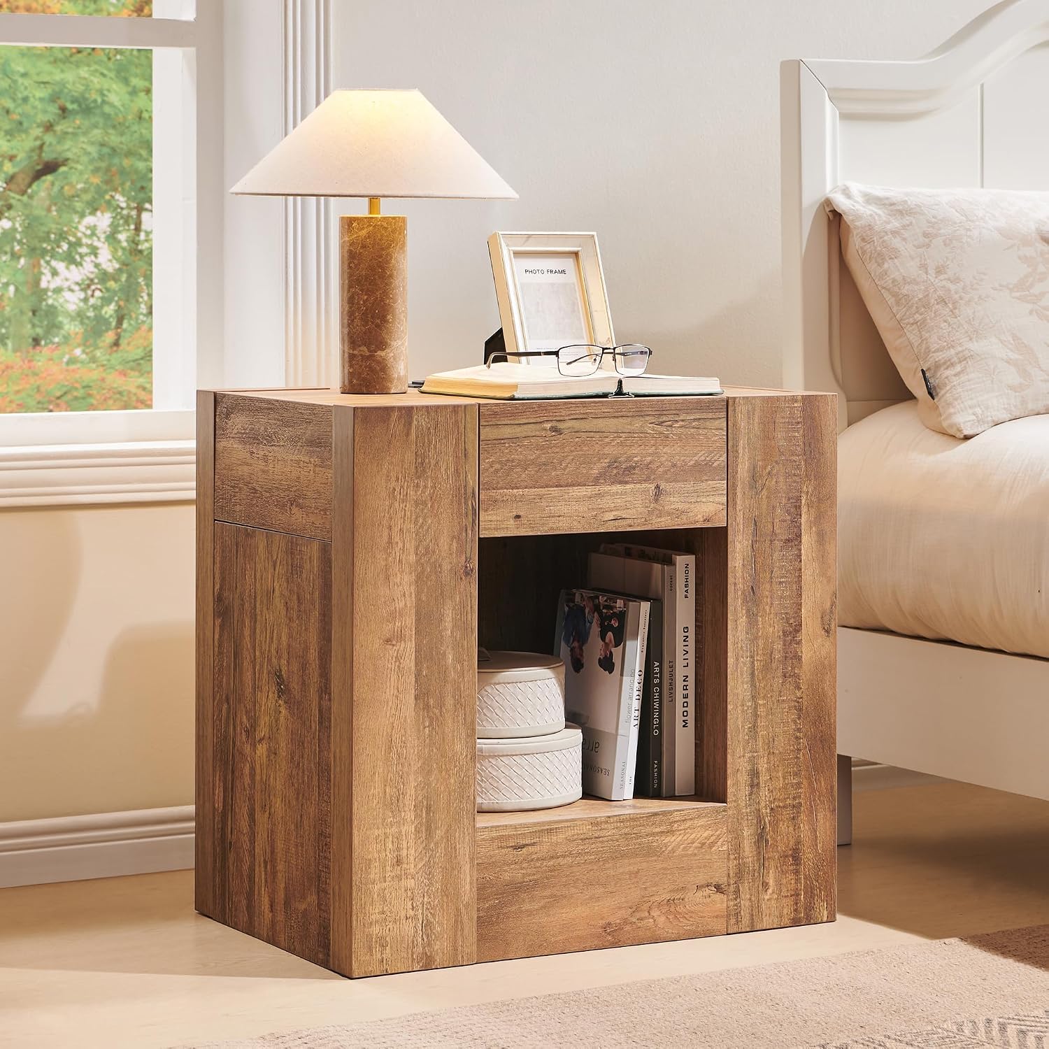OKD 24" Modern Nightstand Set of 2 w/Drawer/Storage Shelf,Gold Rustic Brown | End Table, Wood Thick Design, Rustic Square Bedside Table w/ Charging Station