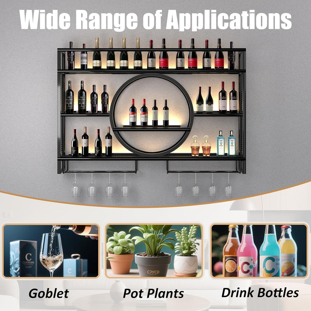 Metal Wine Rack Wall Mounted with LED Light, 3-Tier Bar Liquor Shelf with Wine Glass Holder, Modern Large Capacity Liquor Bottle Display Storage Shelf for Home Bar, Dining Room (Black, 100*80*15)