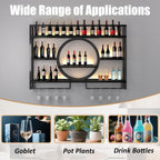Metal Wine Rack Wall Mounted with LED Light, 3-Tier Bar Liquor Shelf with Wine Glass Holder, Modern Large Capacity Liquor Bottle Display Storage Shelf for Home Bar, Dining Room (Black, 100*80*15)