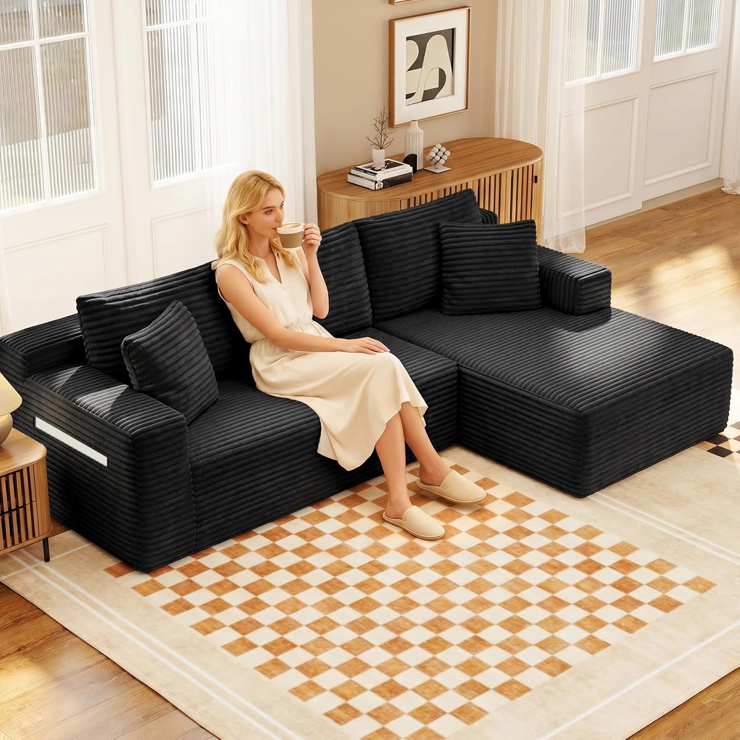 94.5" L-Shaped Cloud Sectional Couch for Living Room, Modern Minimalist Upholstered Boneless Sofa,Corduroy Fabric Modular Sectional Sofa with Chaise, No Assembly Required (Black, Right)
