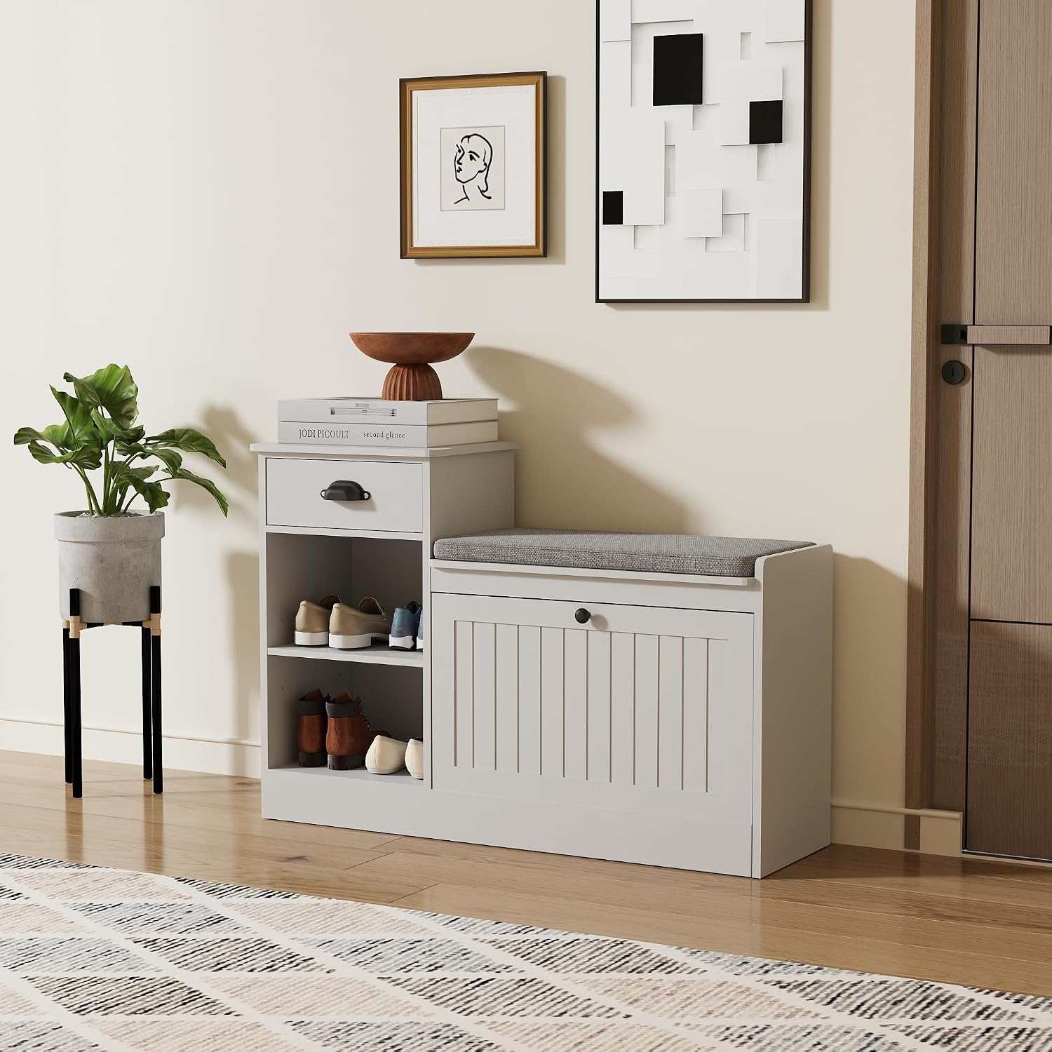 Shoe Storage Bench, Modern Wooden Shoe Cabinet with Flip Drawer and Adjustable Shelf, Entry Way Bench with Padded Seat Cushion for Entryway, Hallway, Living Room,Pebble Grey