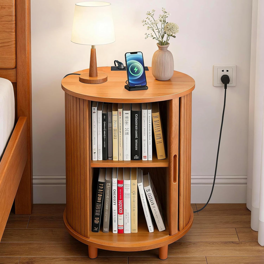 DHH Round End Table with Storage & Charging Station, Fluted Accent Side Table with Sliding Door & Adjustable Shelf, Mid-Century Nightstand for Small Spaces, Living Room, Bedroom (1, Yellow Walnut)