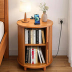 DHH Round End Table with Storage & Charging Station, Fluted Accent Side Table with Sliding Door & Adjustable Shelf, Mid-Century Nightstand for Small Spaces, Living Room, Bedroom (1, Yellow Walnut)