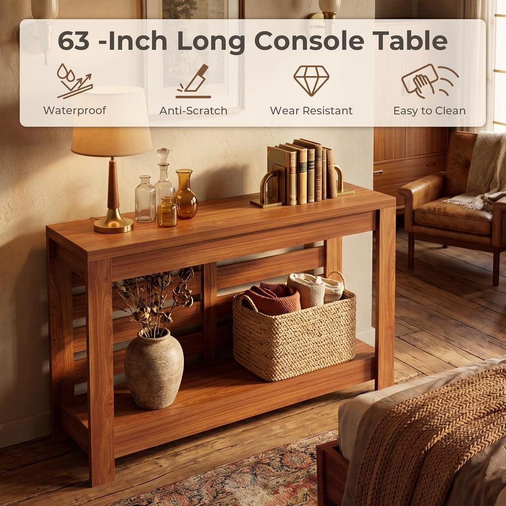 Bigbiglife 63 Inch Grille Console Table, Rustic Farmhouse Wood Sofa Table with 2-Tier Storage Shelf, Narrow Entryway Table with Anti-Tip Design, Accent Table for Living Room, Hallway, Foyer, Brown